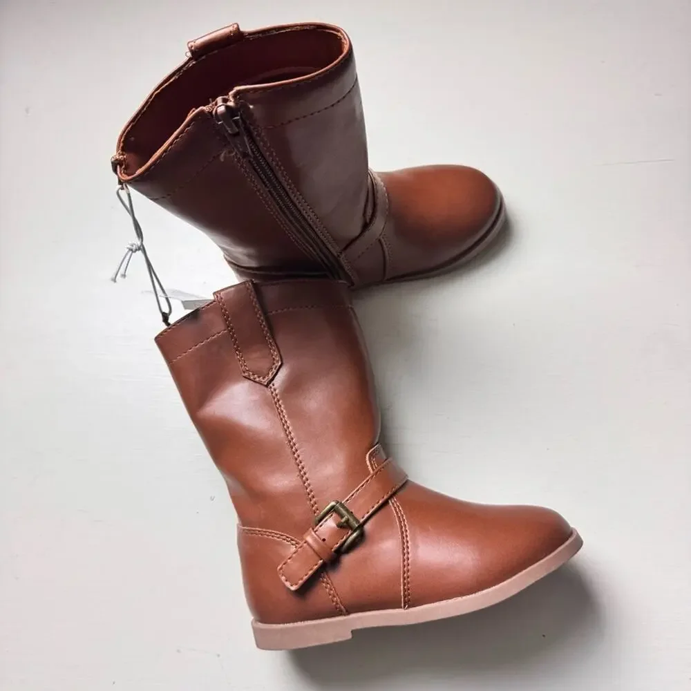 Old Navy Girls Brown Leather Boots with Buckle and SideZippers Sz 9